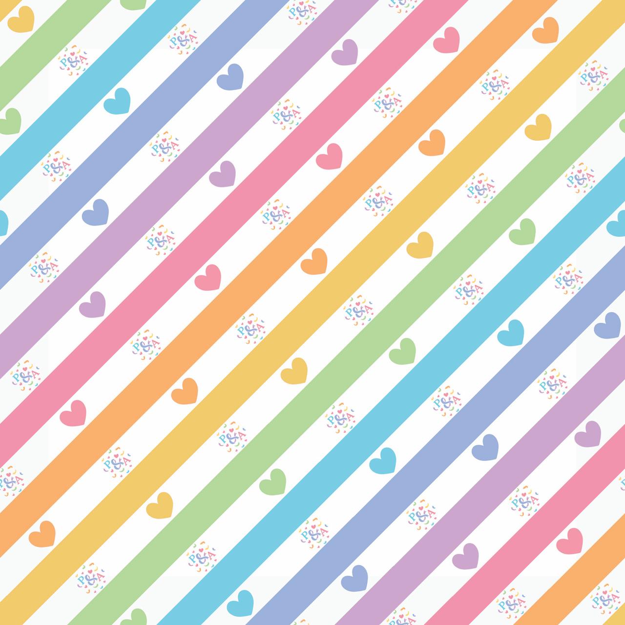 Colorful striped pattern with hearts and flowers on a white background